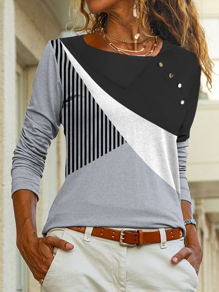 

Casual Loose Color Block Knitted Shirt, Black, Shirts & Blouses