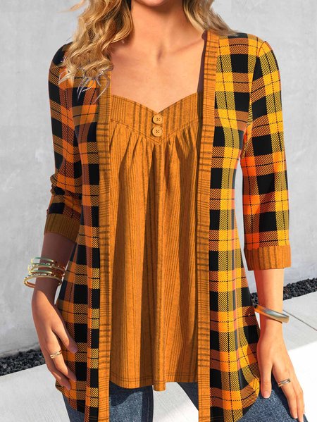 

Casual Plaid Split Joint Knitted Shirt, Orange, Shirts & Blouses