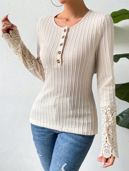 

Crew Neck Split Joint Knitted Casual T-Shirt, Light khaki, T-Shirts