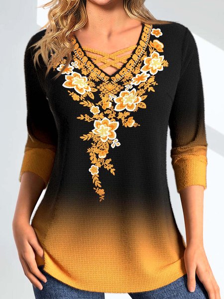 Ombre V Neck Loose Casual Shirt, Black, Shirts & Blouses