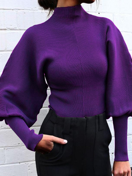 

High Elasticity Regular Fit Plain Stand Collar Long Sleeve Elegant Sweater, Purple, Pullovers
