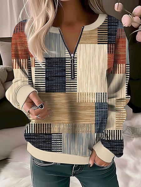 

Casual Geometric Crew Neck Sweatshirt, Khaki, Hoodies&Sweatshirts