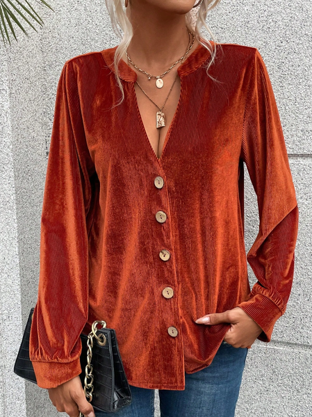 

V Neck Plain Casual Shirt, Caramel, Shirts & Blouses