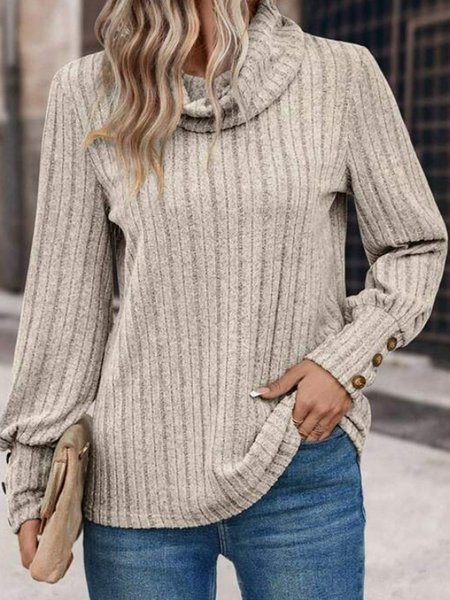 

Women Plain Turtleneck Casual Long Sleeve T-shirt, Khaki, Long Sleeves