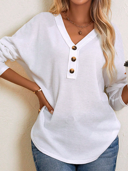 

V Neck Casual Plain Buttoned T-Shirt, White, T-Shirts