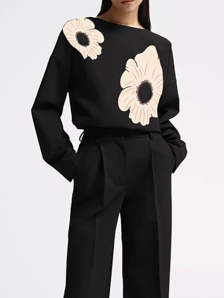 

Loose Crew Neck Long Sleeve Floral Urban Shirt, Black, Blouses and Shirts