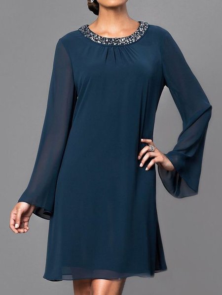 

Hot Drilling Crew Neck Elegant Dress With No Belt, Dark blue, Party Dresses