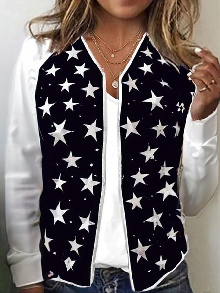 

Zipper Casual Loose V Neck Jacket, Black, Jackets