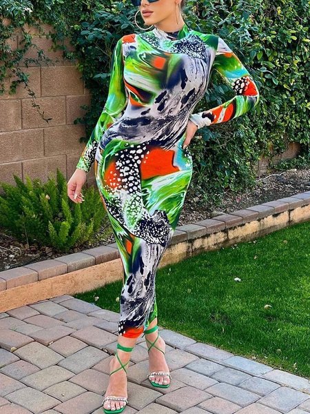 

Abstract Elegant Turtleneck Midi Dress With No Belt, Green, Midi Dresses