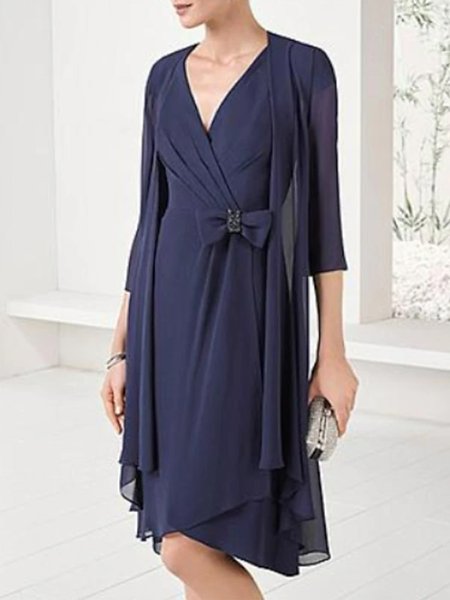 

Chiffon Bow Elegant Two-Piece Set, Dark blue, Party Dresses