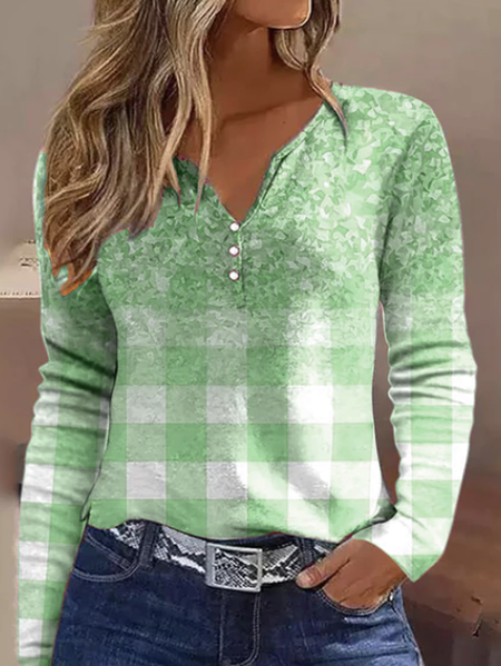 

Casual Plaid Buttoned T-Shirt, Green, Long sleeves