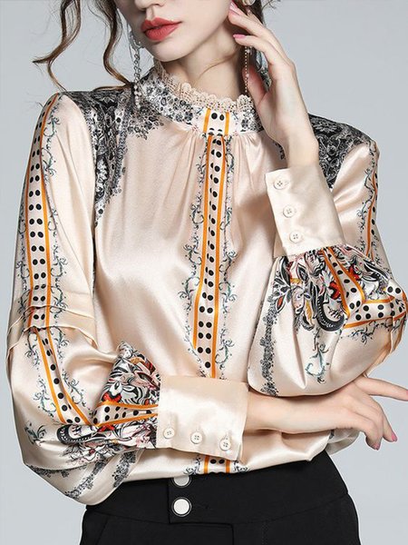 

Regular Fit Elegant Floral Half Turtleneck Shirt, Apricot, Blouses and Shirts