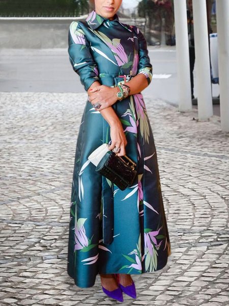 

Elegant Regular Fit Floral Shirt Collar Maxi Dress With Belt, As picture, Maxi Dresses