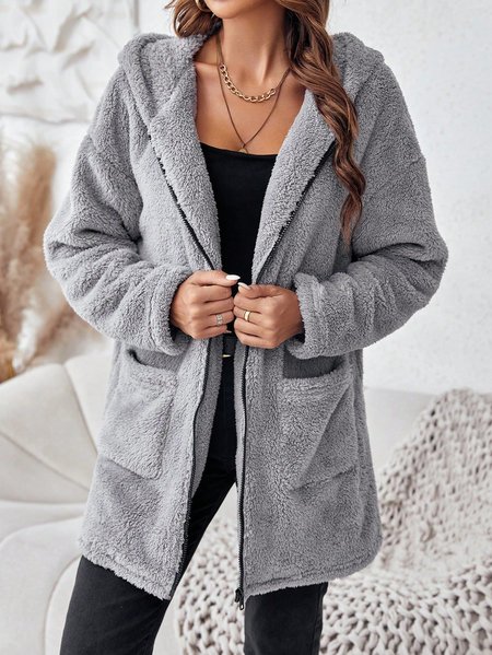 

Casual Fluff/Granular Fleece Fabric Loose Teddy Jacket, Light gray, Coats