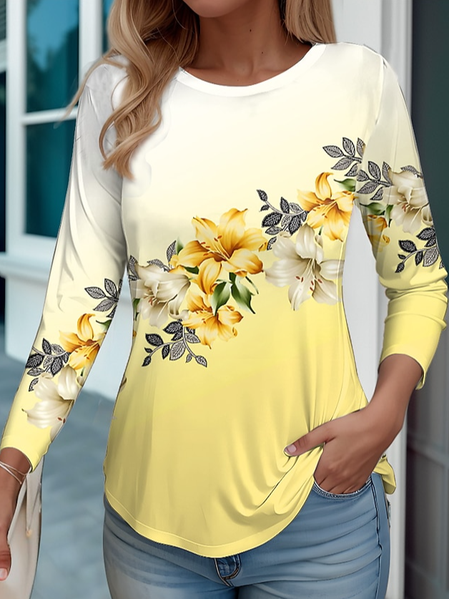 

Casual Floral Crew Neck Loose T-Shirt, Yellow, T-Shirts