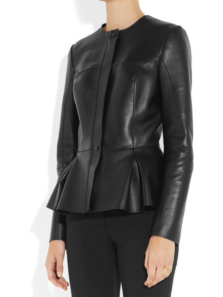 

Regular Fit Crew Neck Long Sleeve Plain Elegant Leather Coat, Black, Jackets