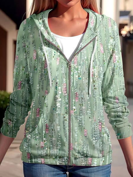 Zipper Abstract Casual Loose Jacket, Green, Coats