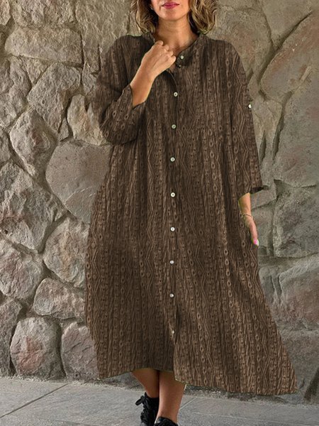 

Casual Loose Shirt Collar Plain Dress With No, Deep brown, Dresses