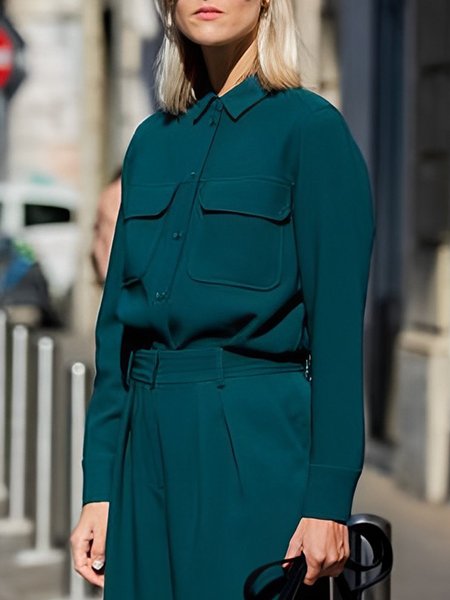 

Regular Fit Shirt Collar Plain Urban Blouse, Green, Blouses and Shirts
