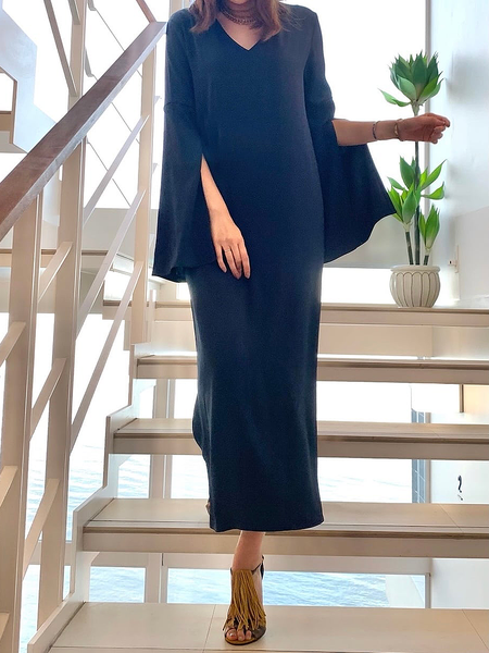 

Plain V Neck Long Sleeve Loose Elegant Maxi Dress, Black, Maxi Dresses