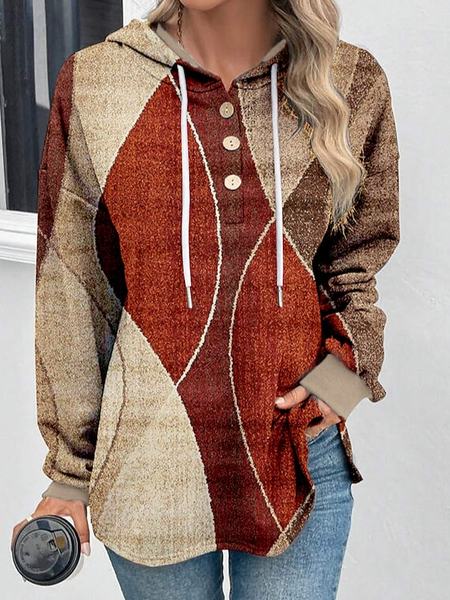 Casual Loose Geometric Hoodie, Brown, Sweatshirts & Hoodies