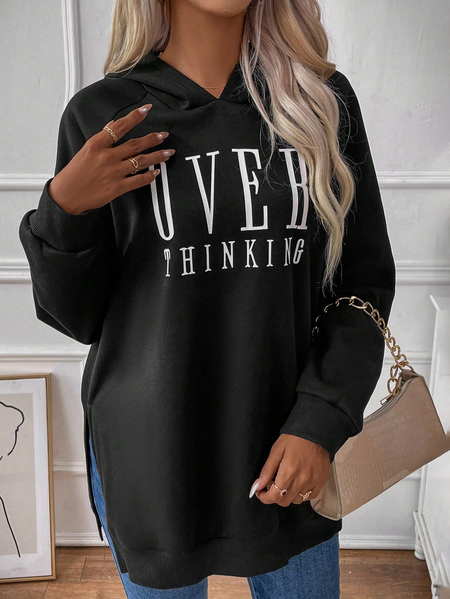 

Casual Loose Letter Graphic Raglan Sleeve Split Hem Hoodie, Black, Sweatshirts & Hoodies