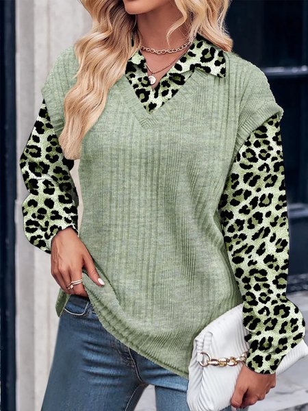 

Leopard Casual Loose Shawl Collar Shirt, Green, Shirts & Blouses