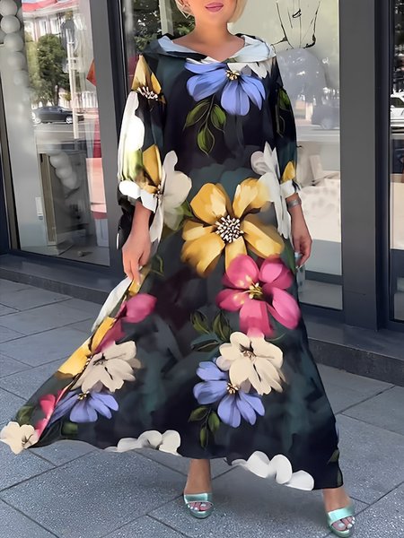 

Elegant Floral Print Loose V Neck Dress, As picture, Maxi Dresses