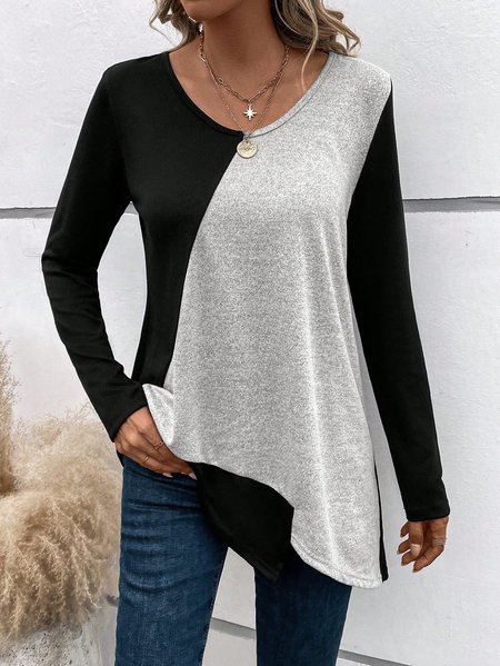 

V Neck Casual Contrast Stitching Loose T-Shirt, Gray, T-Shirts