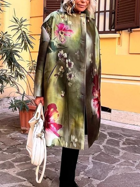 Elegant Shawl Collar Loose Floral Trench Coat, As picture, Coats