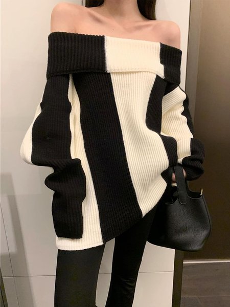 

Cold Shoulder Color Block Urban Long Sleeve Sweater, Black-white, Pullovers