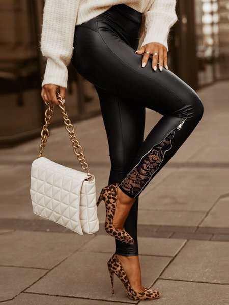 

Regular Fit Lace Edge Plain Urban PU Pants, Black, Pants