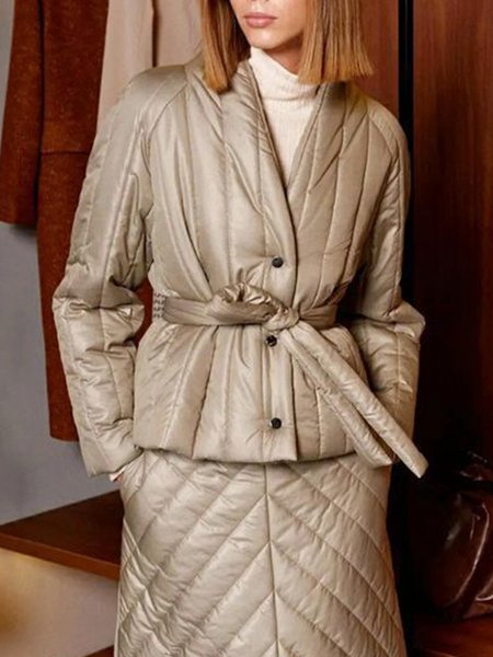 

Urban Regular Fit Plain Padded Jacket With Belt, Khaki, Coats