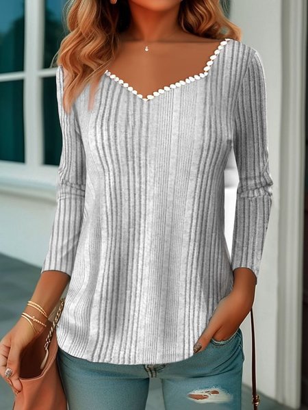 

Lace Collar Regular Fit Casual Plain T-Shirt, Gray, T-Shirts