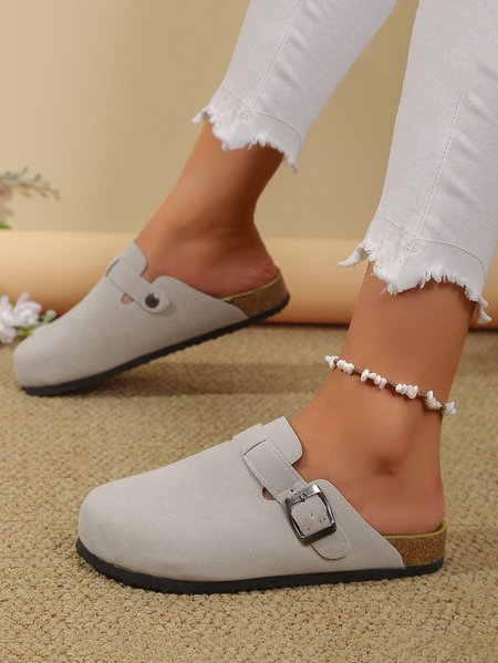 

Casual Buckle Decor Slip-on Footbed Flat Mules, Silver gray, Flats