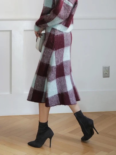 

High Elasticity Elegant Loose Plaid Midi Skirt, As picture, Skirts