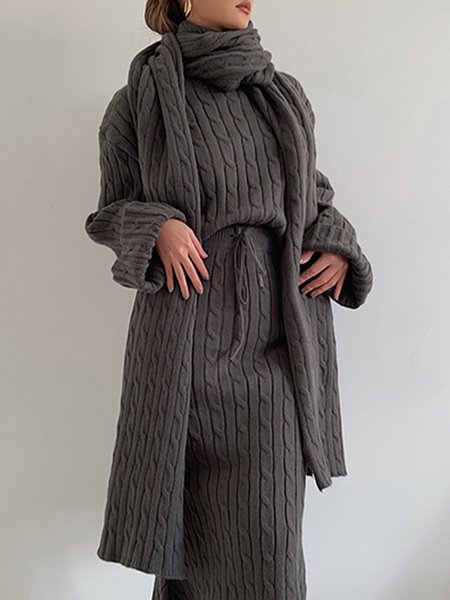 

Plain Crew Neck Elegant Sweater With Scarf, Gray, Pullovers