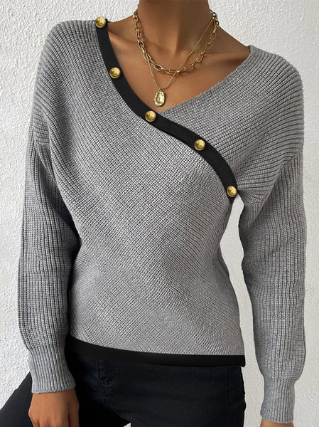 

Regular Fit Asymmetrical Collar Casual Buckle Sweater, Gray, Sweaters