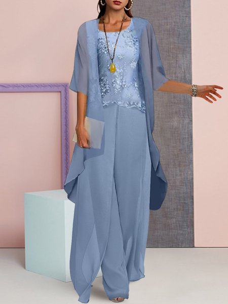 

Chiffon Crew Neck Elegant Plain Matching Outfit, Blue, Suit Set