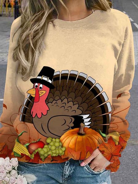 

Loose Crew Neck Turkey Casual T-Shirt, Apricot, Long sleeves