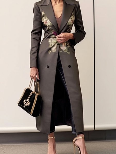 

Shawl Collar Regular Fit Urban Floral Trench Coat, Deep gray, Coats