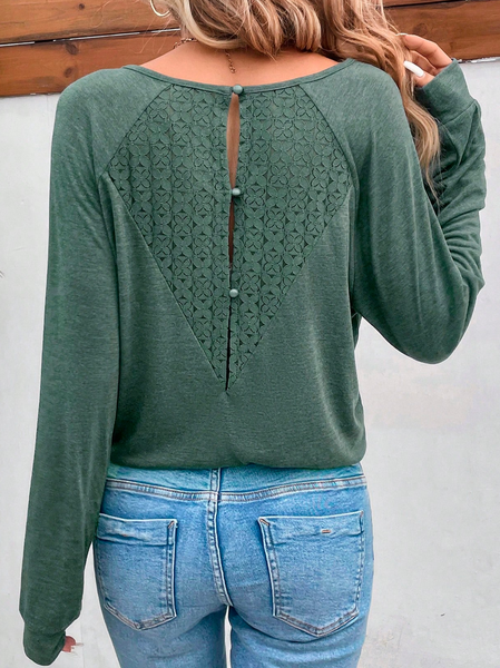 

Casual Loose Buttoned Crew Neck Contrast Lace Raglan Sleeve T-Shirt, Green, T-Shirts