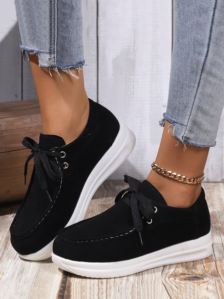 

Women Casual Lace-Up Platform Loafers, Black, Flats