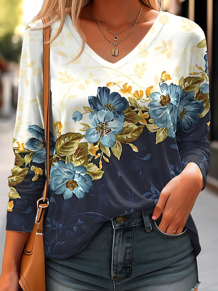 

Casual V Neck Flare Sleeve T-Shirt, Dark blue, T-Shirts