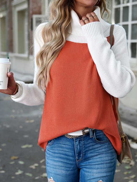 

Stand Collar Casual Sweater, Orange, Sweaters