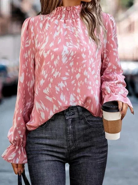 

Zebra Print Half Turtleneck Flouncing Casual Shirt, Pink, Blouses & Shirts