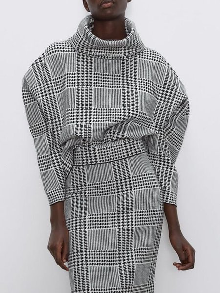 

Long Sleeve Urban Houndstooth Turtleneck Loose Shirt, Black-white, Blouses and Shirts