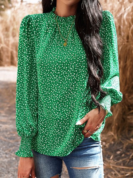 

Loose Crew Neck Casual Floral Shirt, Green, Shirts & Blouses