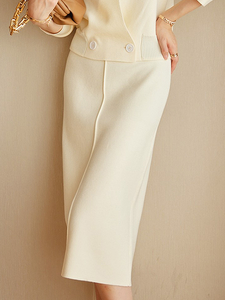 

High Elasticity Plain Elegant Regular Fit Midi Skirt, Off white, Skirts