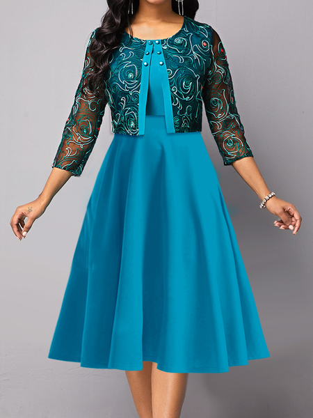 

Casual Crew Neck Lace Plain Two-Piece Set, Blue, Party Dresses